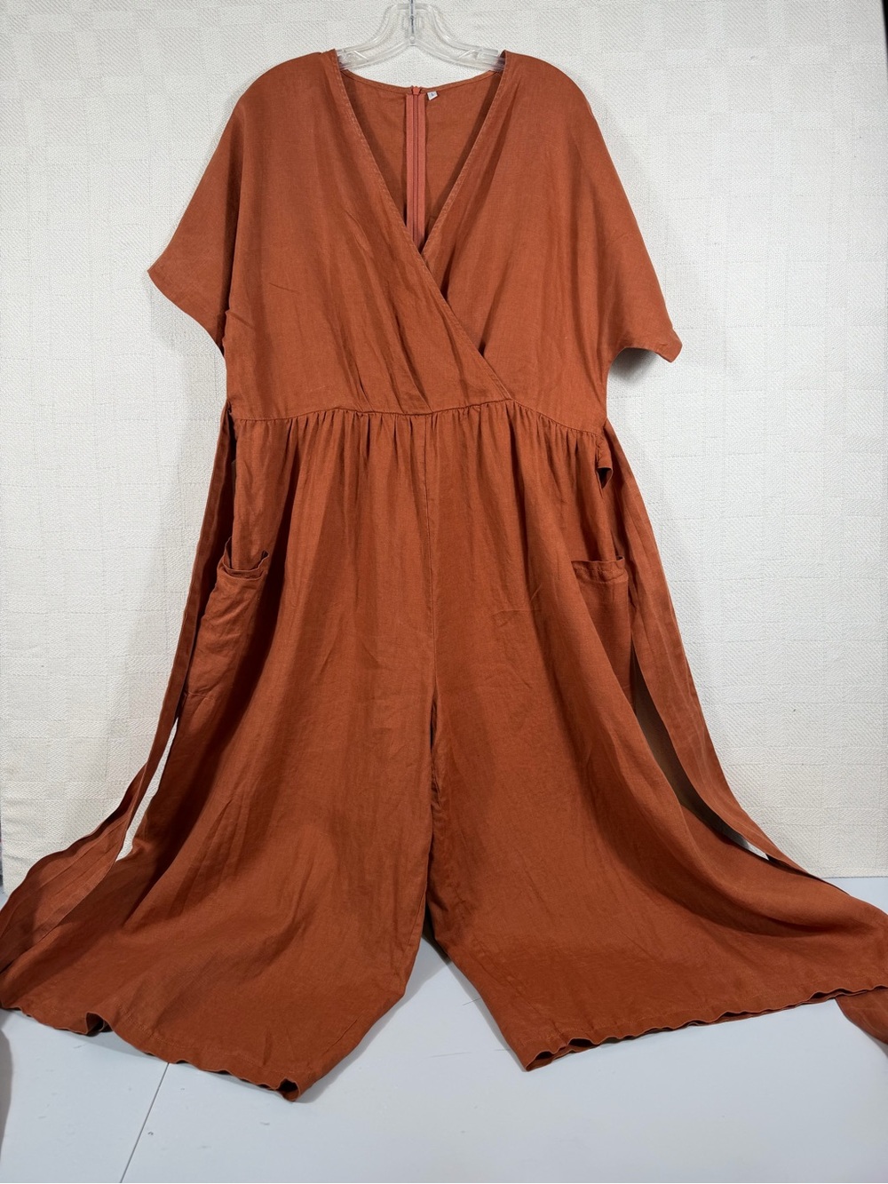 Linen Wide-Leg Women Jumpsuit Large Brown VNeck Short Sleeve Belted Pockets